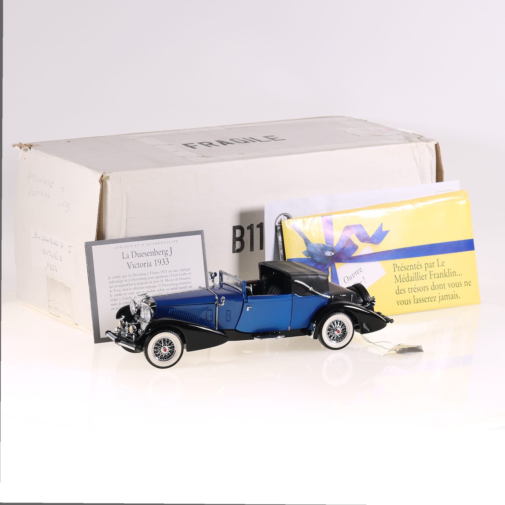Franklin Mint Duesenberg J Victoria (Attention vitre avant) 1933 1/24 Bleu avec 