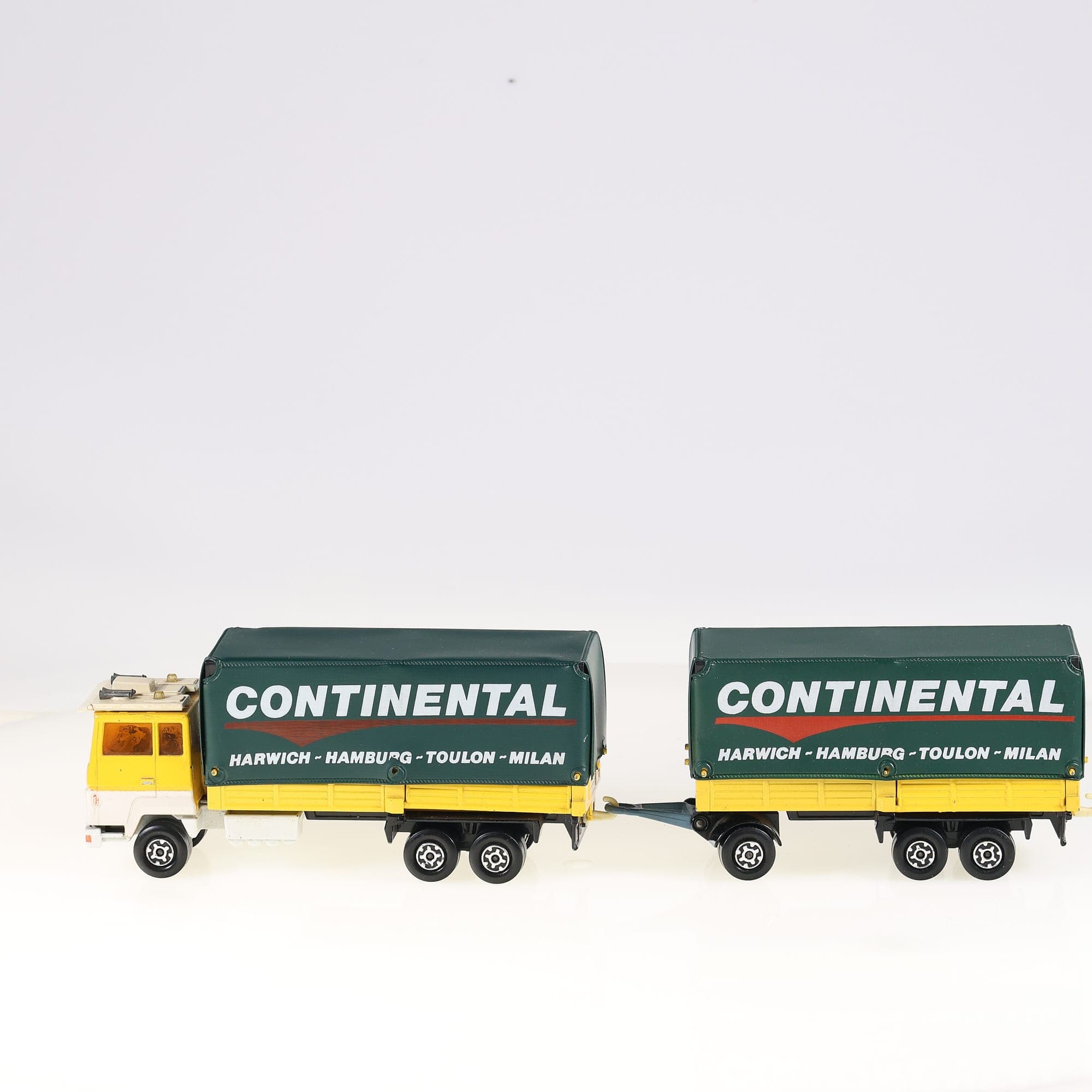 Ford K21 Matchbox Camion Continental + Remorque 1/50 jaune et blanc, bâches vert