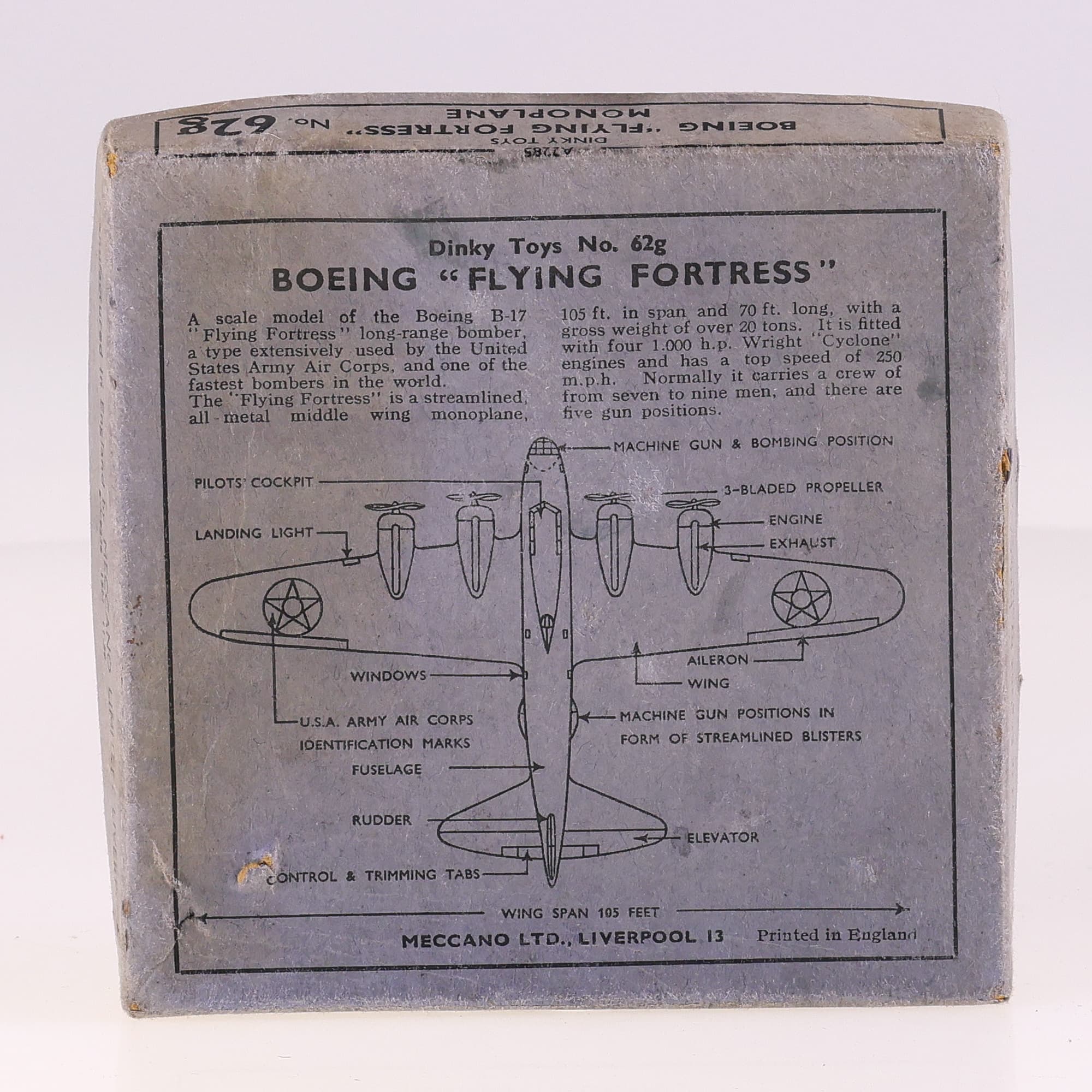 Dinky Toys 62g Boeing "Flying Fortress" Monoplane boite vide 11 x 11 cm 